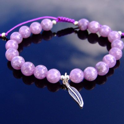 Lepidolite Sterling Silver Feather Natural Gemstone Bracelet 6-9'' Macrame Michael's UK Jewellery