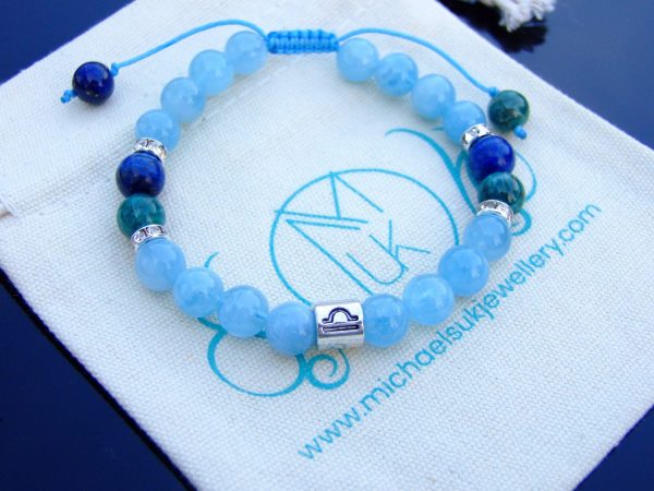 Libra Aquamarine Apatite Blue Fluorite Birthstone Bracelet 6-9'' Macrame Michael's UK Jewellery