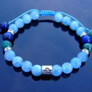 Libra Aquamarine Apatite Blue Fluorite Birthstone Bracelet 6-9'' Macrame Michael's UK Jewellery