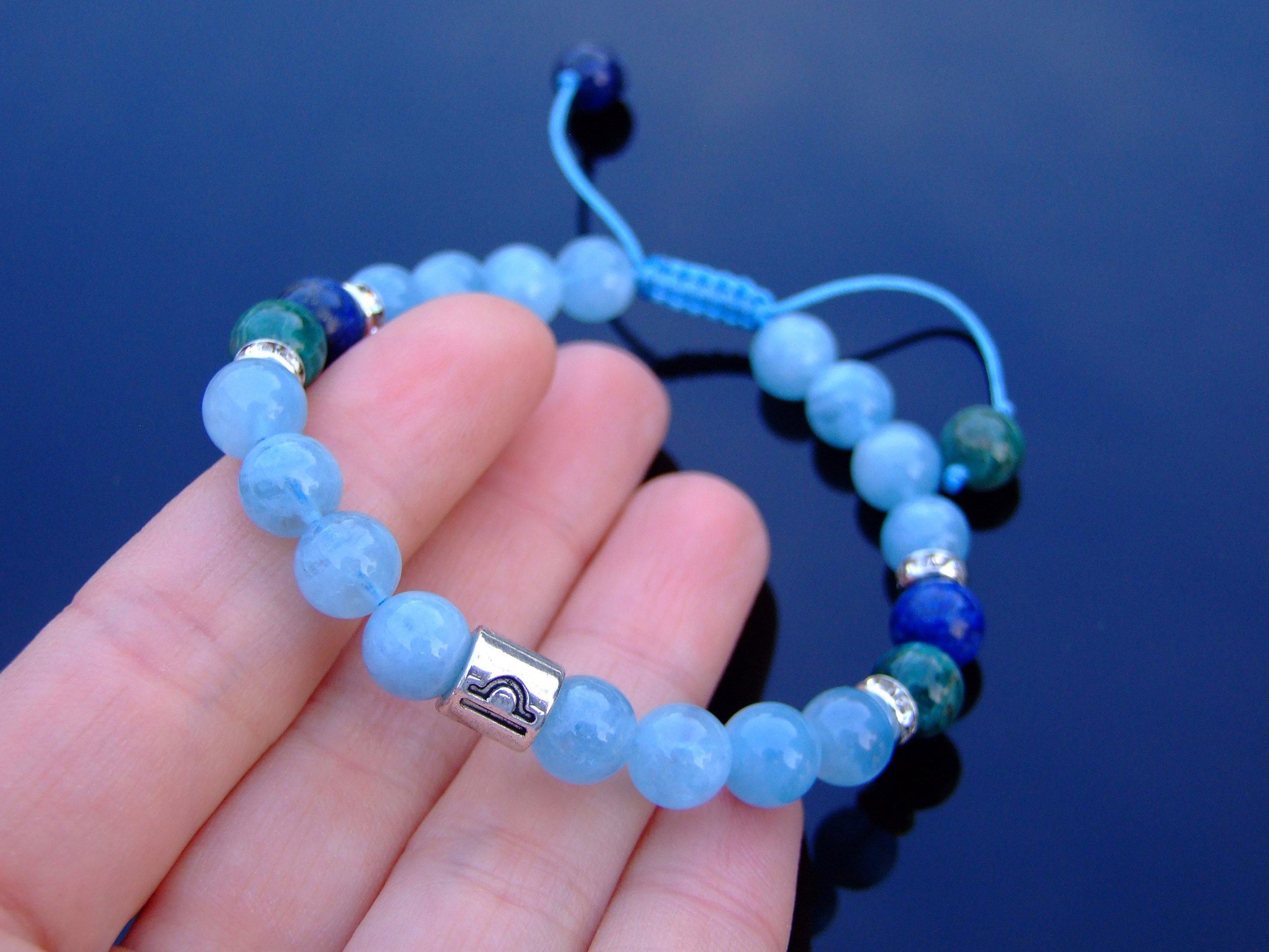 Libra Aquamarine Apatite Blue Fluorite Birthstone Bracelet 6-9'' Macrame Michael's UK Jewellery