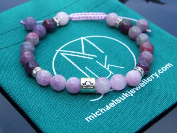 Libra Kunzite Tourmaline Birthstone Bracelet 6-9'' Macrame Michael's UK Jewellery