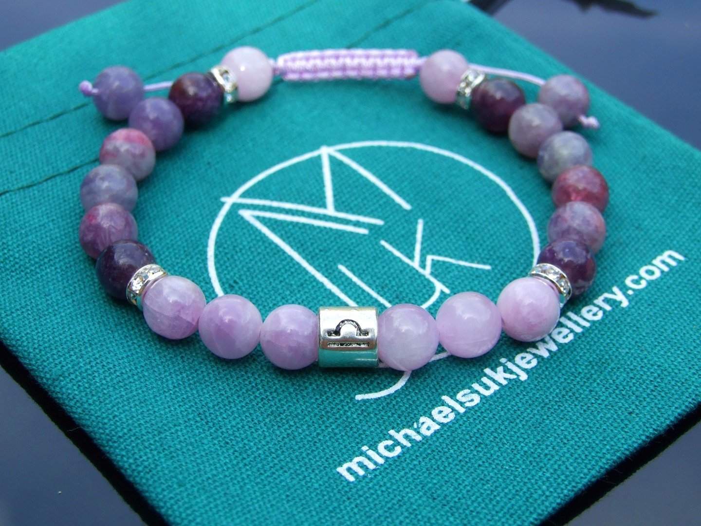 Libra Kunzite Tourmaline Birthstone Bracelet 6-9'' Macrame Michael's UK Jewellery