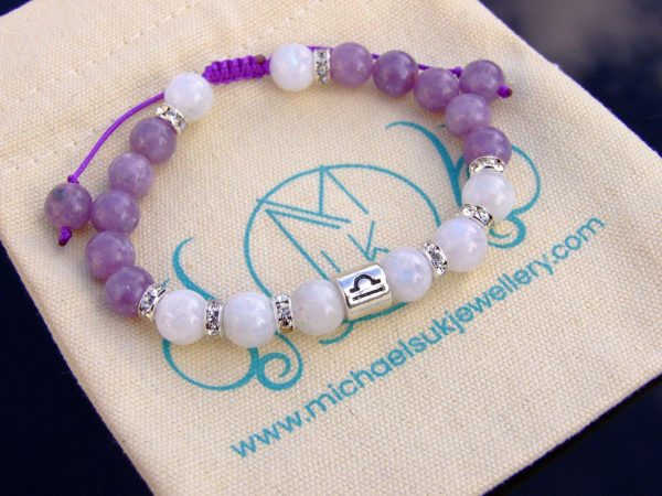 Libra Moonstone Lepidolite Birthstone Bracelet 6-9'' Macrame Michael's UK Jewellery