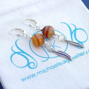 Madagascar Agate Natural Gemstone Feather 925 Sterling Silver Earrings Michael's UK Jewellery