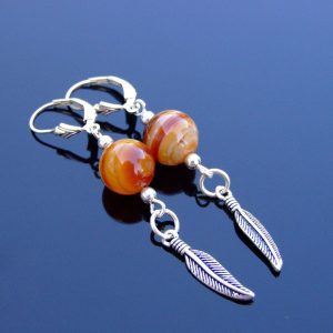 Madagascar Agate Natural Gemstone Feather 925 Sterling Silver Earrings Michael's UK Jewellery
