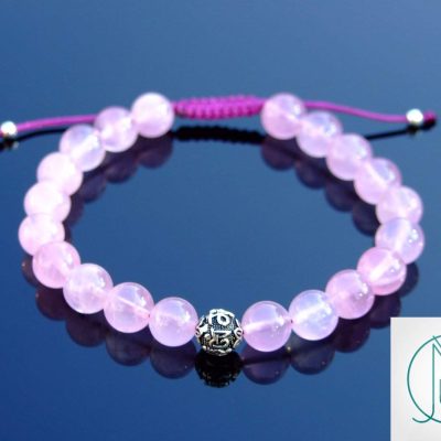 Madagascar Rose Quartz Om Sterling Silver Natural Gemstone Bracelet 6-9'' Macrame Michael's UK Jewellery