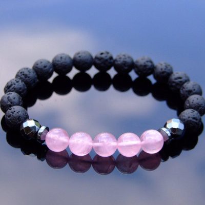 Madagascar Rose Quartz and Lava Natural Gemstone Bracelet 6-9'' Elasticated Michael's UK Jewellery