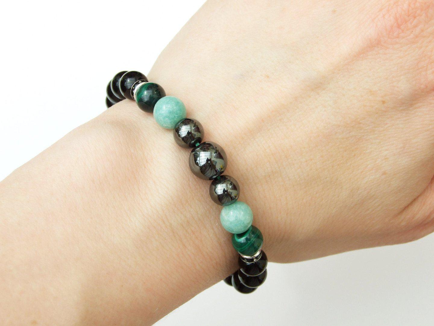 Malachite Amazonite Hematite Natural Gemstone Bracelet 6-9'' Elasticated Michael's UK Jewellery