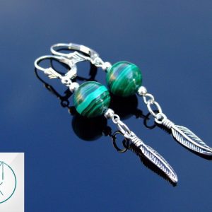 Malachite Earrings Natural Gemstone 925 Sterling Silver Feather Michael's UK Jewellery