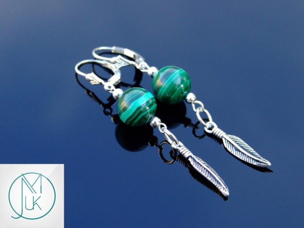 Malachite Earrings Natural Gemstone 925 Sterling Silver Feather Michael's UK Jewellery