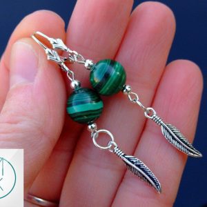 Malachite Earrings Natural Gemstone 925 Sterling Silver Feather Michael's UK Jewellery
