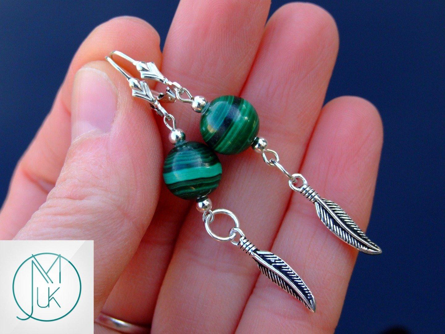 Malachite Earrings Natural Gemstone 925 Sterling Silver Feather Michael's UK Jewellery