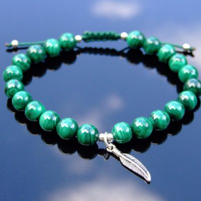 Malachite Sterling Silver Feather Natural Gemstone Bracelet 6-9'' Macrame Michael's UK Jewellery