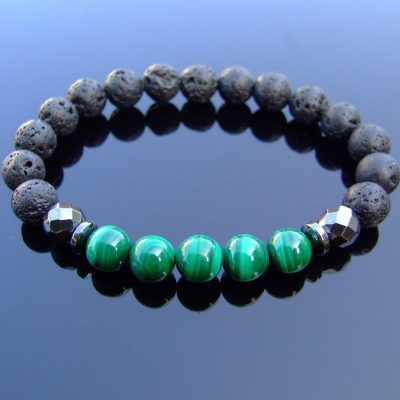 Malachite and Lava Natural Gemstone Bracelet 6-9'' Elasticated Michael's UK Jewellery