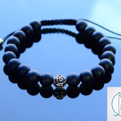 Matt Onyx Om Sterling Silver Natural Gemstone Bracelet 6-9'' Macrame Michael's UK Jewellery
