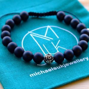 Matt Onyx Om Sterling Silver Natural Gemstone Bracelet 6-9'' Macrame Michael's UK Jewellery