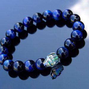 Men's Blue Tigers Eye 10mm Natural Gemstone Skull Bracelet with Swarovski Crystal 6-9inch Michael's UK Jewellery
