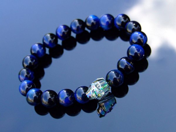 Men's Blue Tigers Eye 10mm Natural Gemstone Skull Bracelet with Swarovski Crystal 6-9inch Michael's UK Jewellery