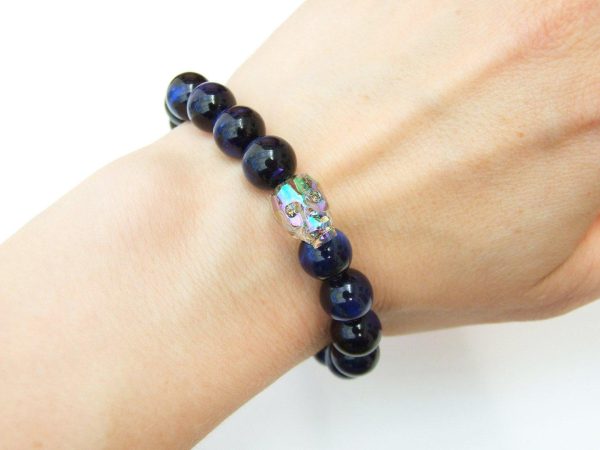 Men's Blue Tigers Eye 10mm Natural Gemstone Skull Bracelet with Swarovski Crystal 6-9inch Michael's UK Jewellery