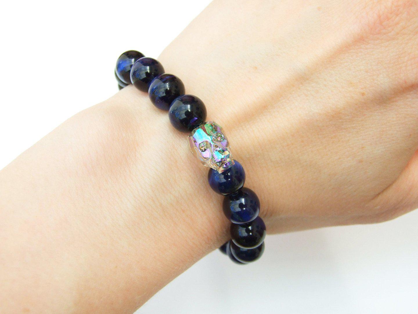 Men's Blue Tigers Eye 10mm Natural Gemstone Skull Bracelet with Swarovski Crystal 6-9inch Michael's UK Jewellery