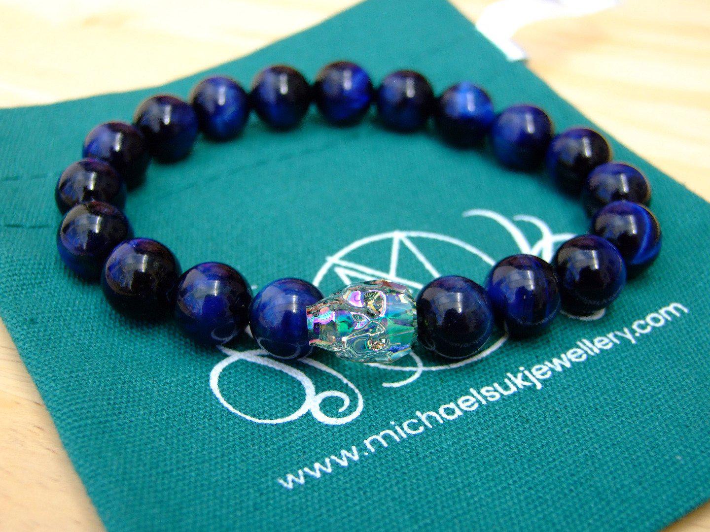 Men's Blue Tigers Eye 10mm Natural Gemstone Skull Bracelet with Swarovski Crystal 6-9inch Michael's UK Jewellery