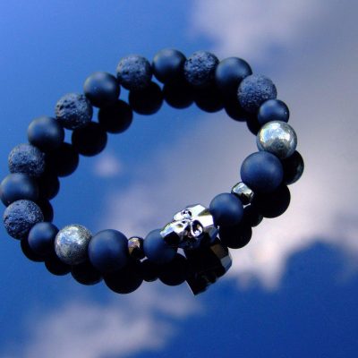 Men's Lava Onyx 10mm Natural Gemstone Skull Bracelet with Swarovski Crystal 6-9inch Michael's UK Jewellery