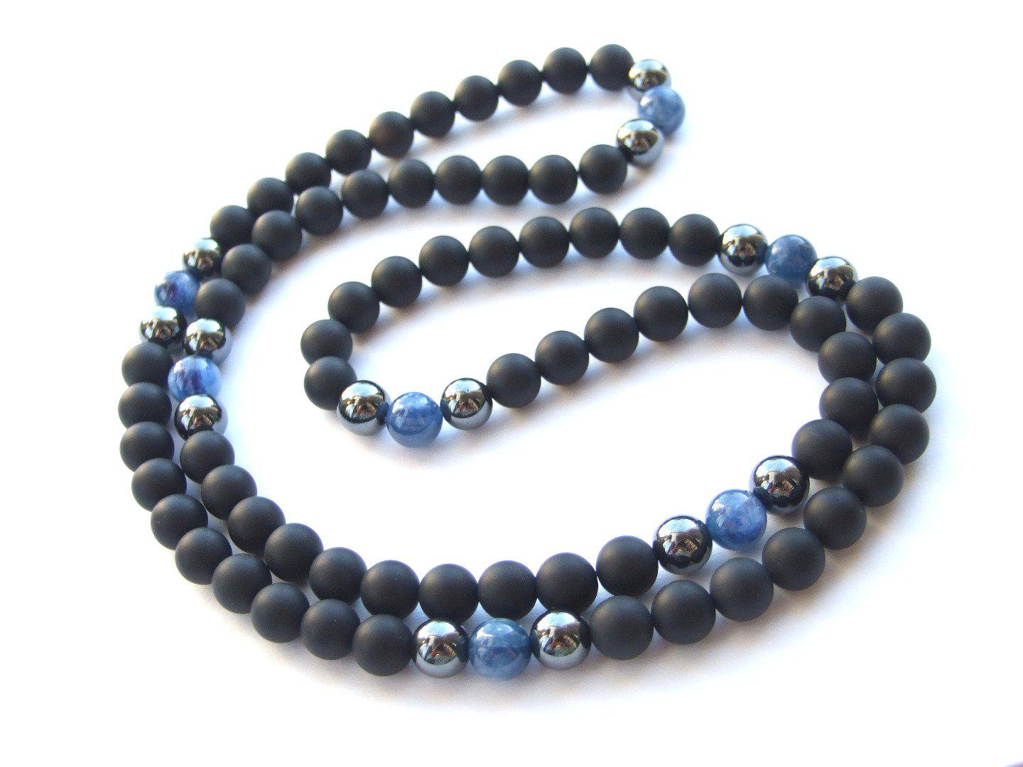 Men's Necklace 8mm Kyanite/Onyx Natural Gemstone Necklace 30inch Michael's UK Jewellery