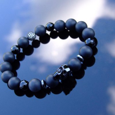 Men's Onyx 10mm Natural Gemstone Skull Bracelet with Swarovski Crystal 6-9inch Michael's UK Jewellery