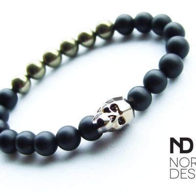 Men's Onyx Matte Pyrite Natural Gemstone Skull Bracelet with Swarovski Crystal 6-9inch Michael's UK Jewellery