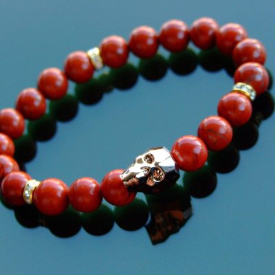 Men's Red Jasper Natural Gemstone Skull Bracelet with Swarovski Crystal 6-9inch Michael's UK Jewellery