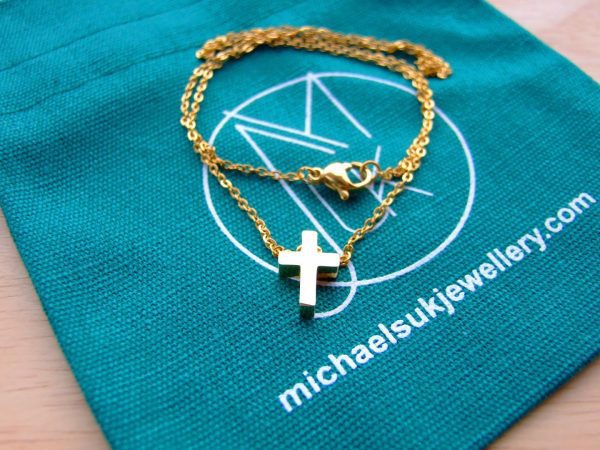 Modern Stainless Steel Gold Tone Small Cross Necklace 18'' Michael's UK Jewellery