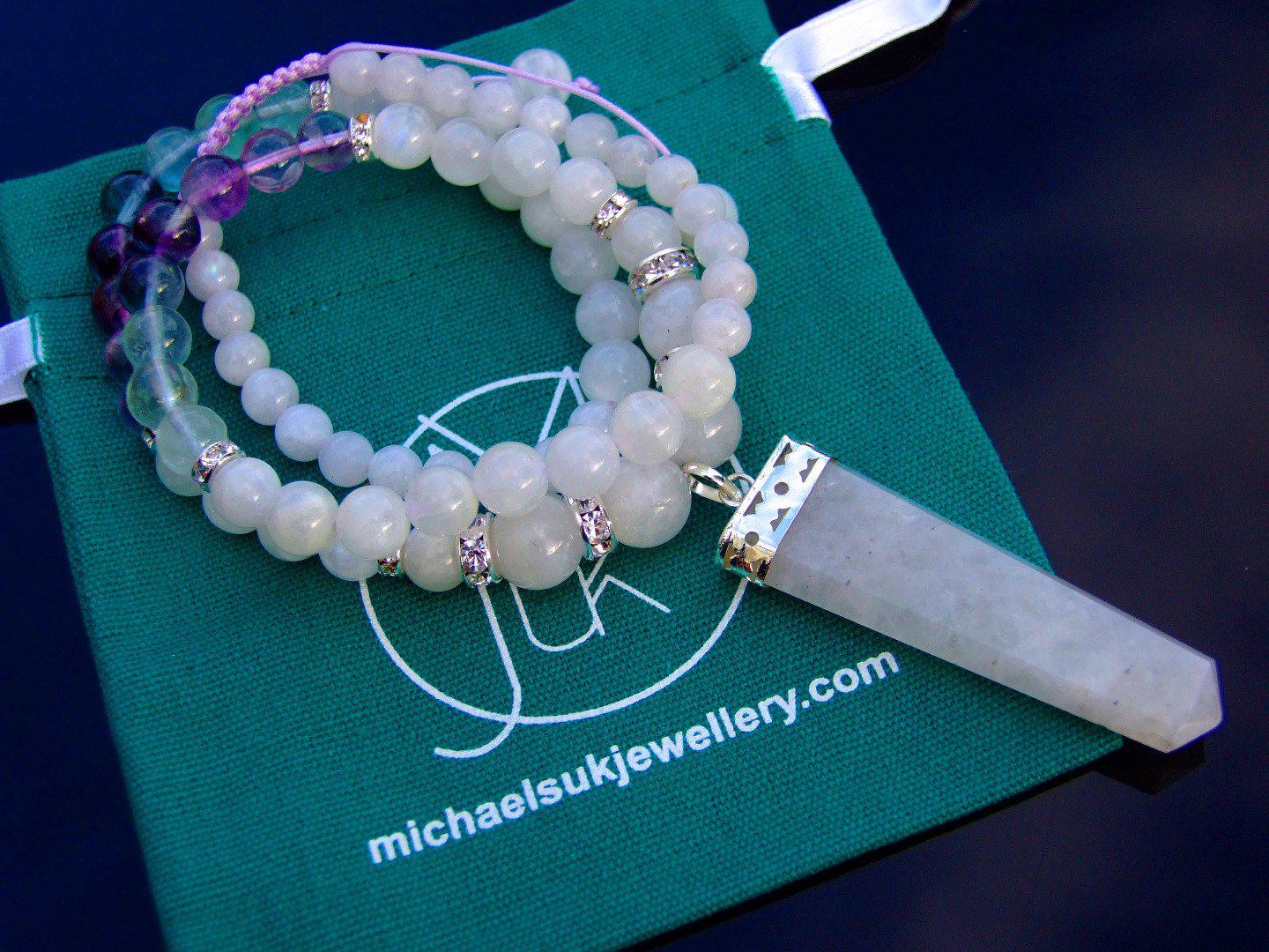 Moonstone Fluorite Crystal Natural Gemstone Macrame Necklace Michael's UK Jewellery