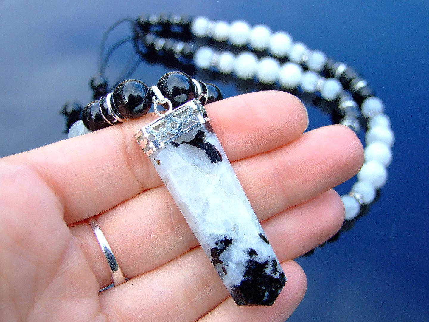 Moonstone Tourmaline Crystal Natural Gemstone Macrame Necklace Michael's UK Jewellery