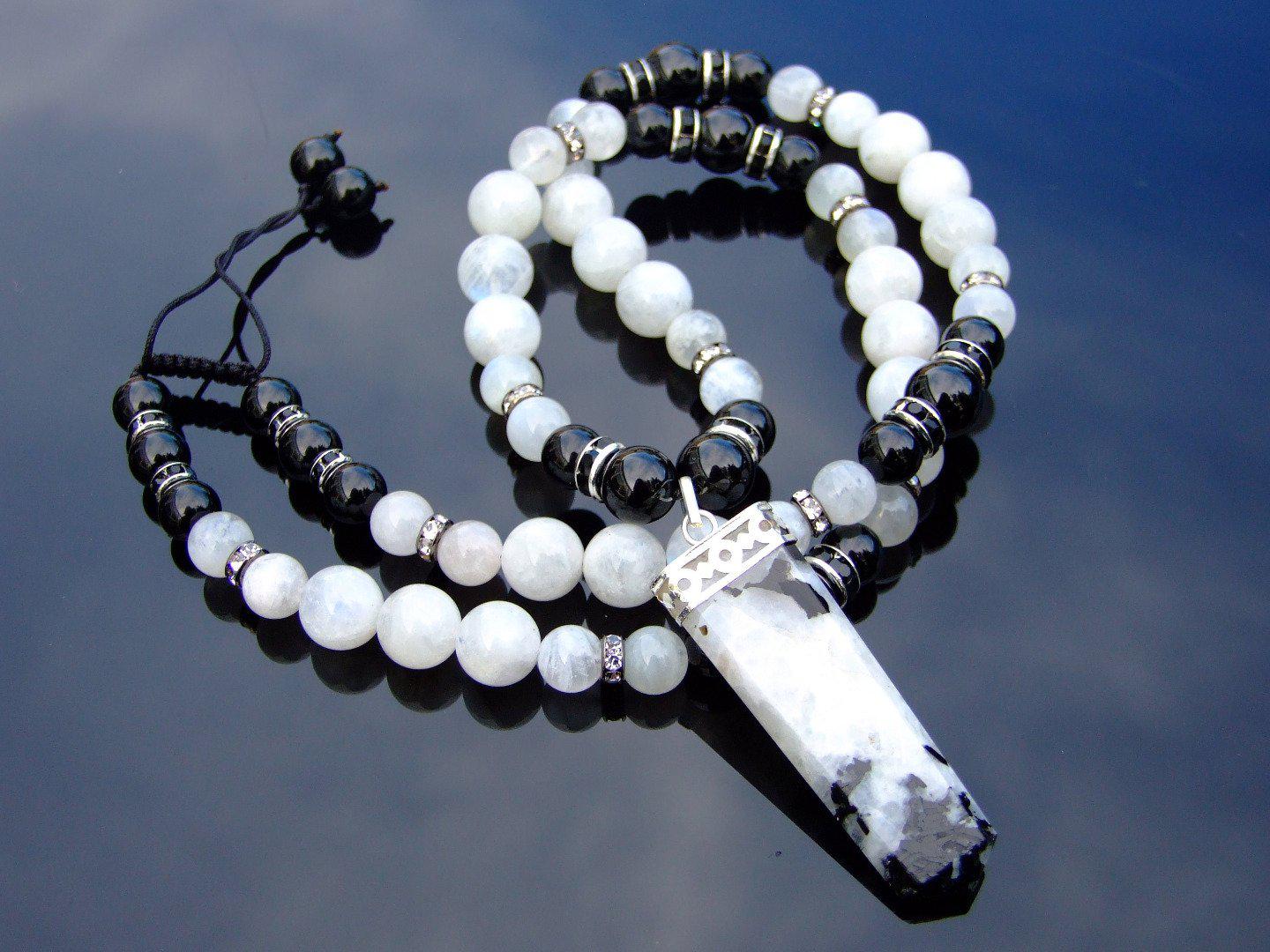 Moonstone Tourmaline Crystal Natural Gemstone Macrame Necklace Michael's UK Jewellery