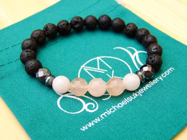 Morganite and Lava Natural Gemstone Bracelet 6-9'' Elasticated Michael's UK Jewellery