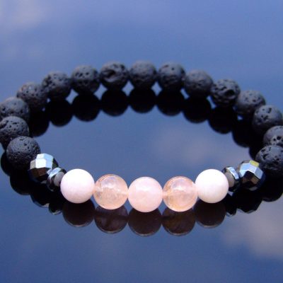 Morganite and Lava Natural Gemstone Bracelet 6-9'' Elasticated Michael's UK Jewellery