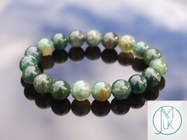 Moss Agate 10mm Natural Gemstone Bracelet 6-9'' Elasticated Michael's UK Jewellery
