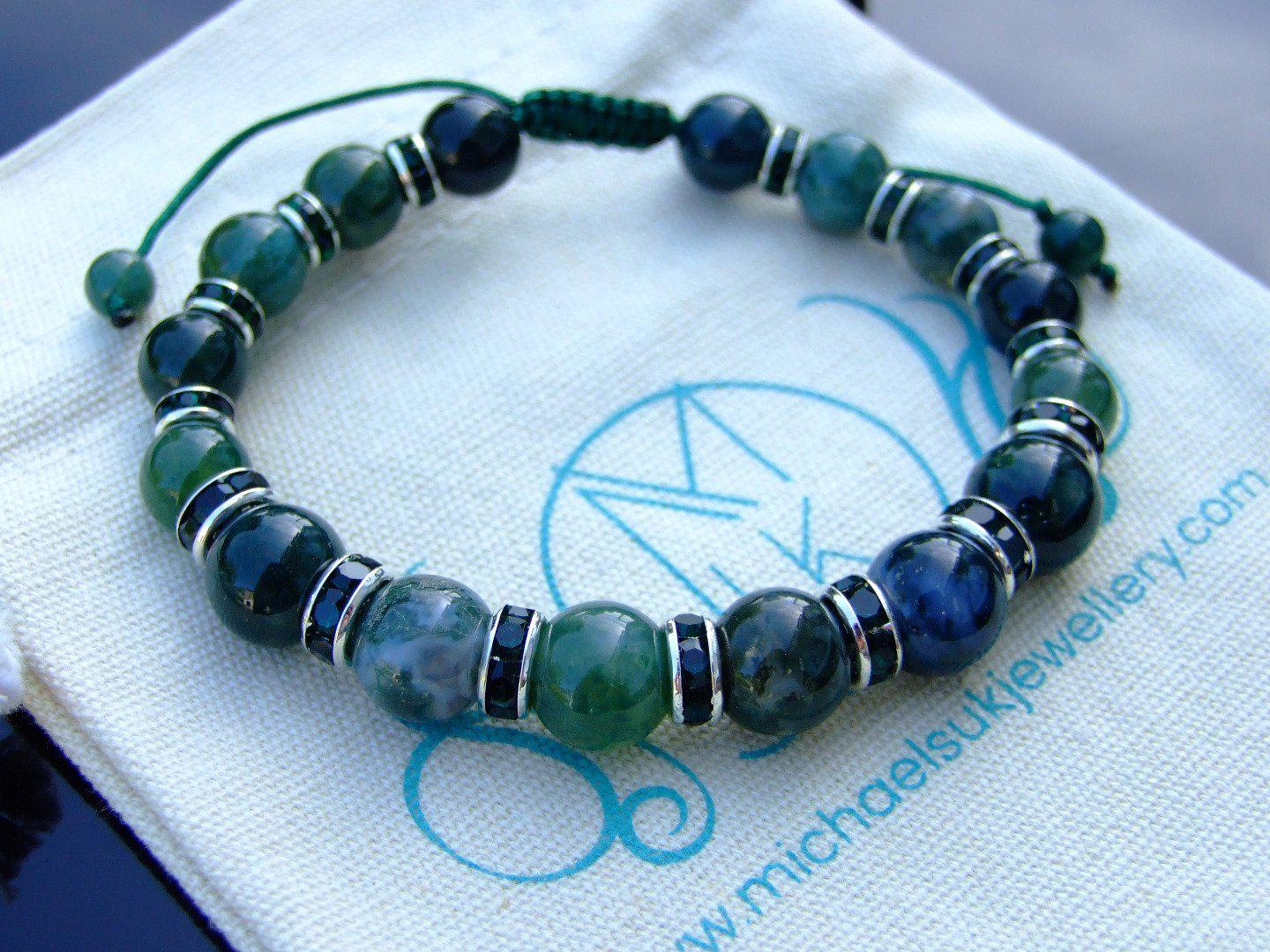 Moss Agate Natural Gemstone Bracelet 6-9'' Macrame Michael's UK Jewellery