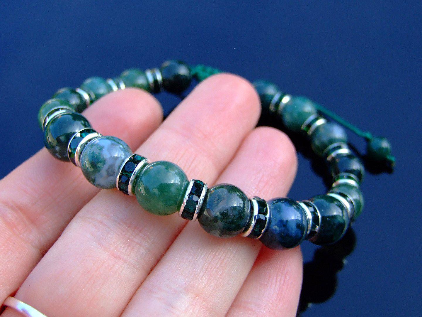 Moss Agate Natural Gemstone Bracelet 6-9'' Macrame Michael's UK Jewellery