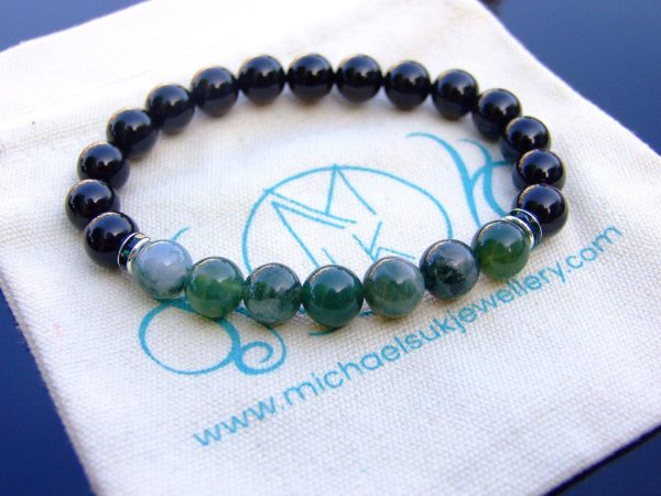 Moss Agate and Tourmaline Natural Gemstone Bracelet 6-9'' Elasticated Michael's UK Jewellery