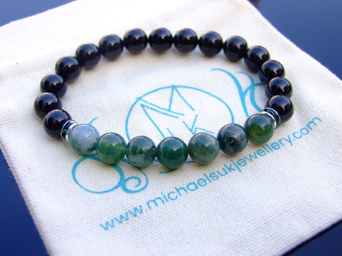 Moss Agate and Tourmaline Natural Gemstone Bracelet 6-9'' Elasticated Michael's UK Jewellery