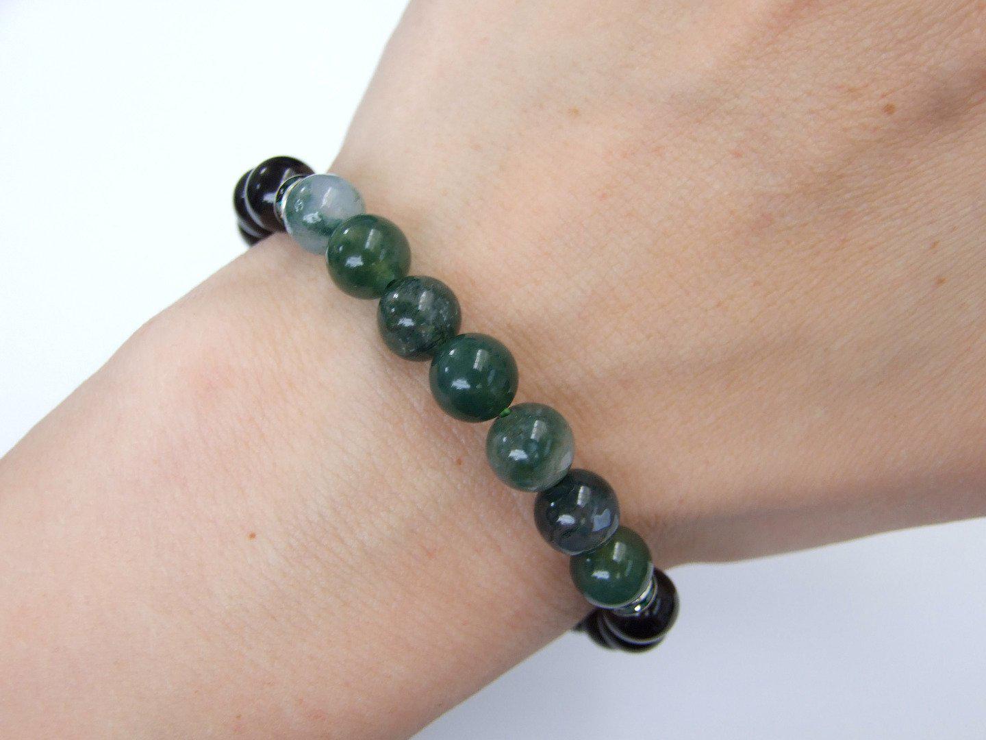 Moss Agate and Tourmaline Natural Gemstone Bracelet 6-9'' Elasticated Michael's UK Jewellery