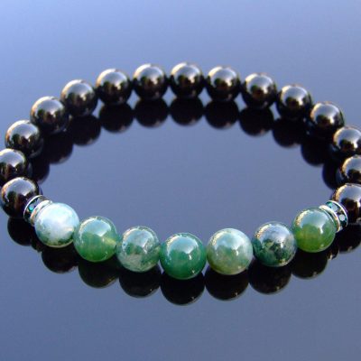 Moss Agate and Tourmaline Natural Gemstone Bracelet 6-9'' Elasticated Michael's UK Jewellery