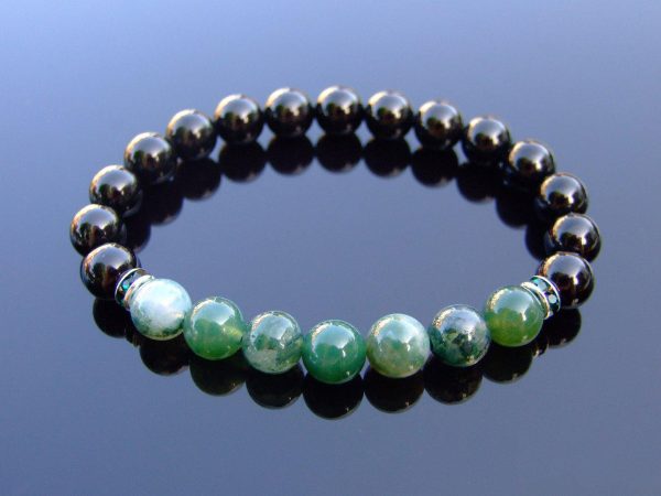 Moss Agate and Tourmaline Natural Gemstone Bracelet 6-9'' Elasticated Michael's UK Jewellery