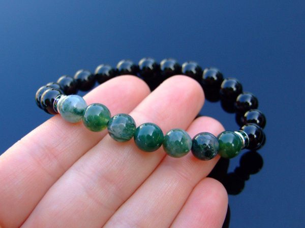 Moss Agate and Tourmaline Natural Gemstone Bracelet 6-9'' Elasticated Michael's UK Jewellery