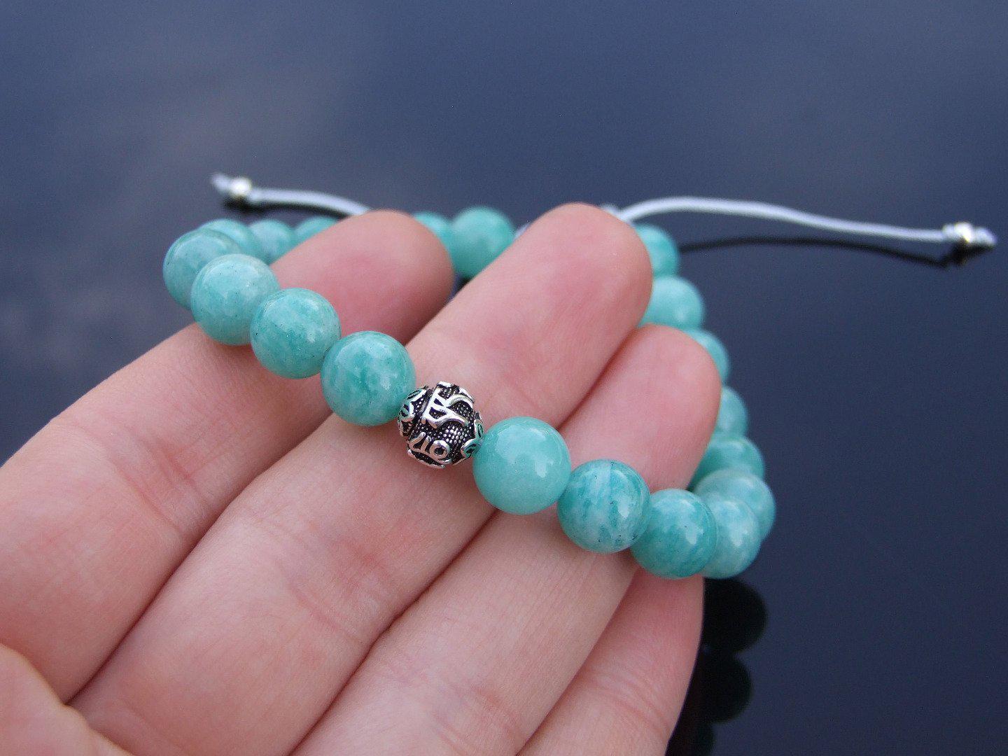 Mozambique Amazonite Om Sterling Silver Natural Gemstone Bracelet 6-9'' Macrame Michael's UK Jewellery