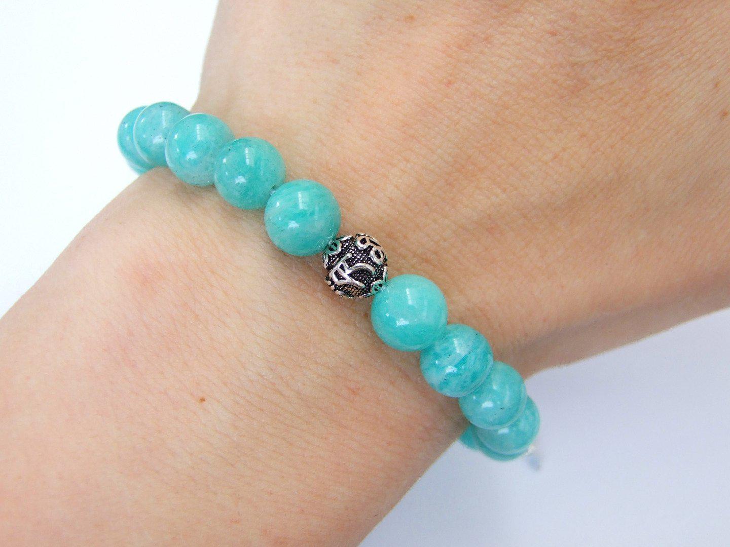 Mozambique Amazonite Om Sterling Silver Natural Gemstone Bracelet 6-9'' Macrame Michael's UK Jewellery
