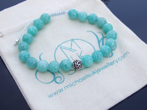 Mozambique Amazonite Om Sterling Silver Natural Gemstone Bracelet 6-9'' Macrame Michael's UK Jewellery