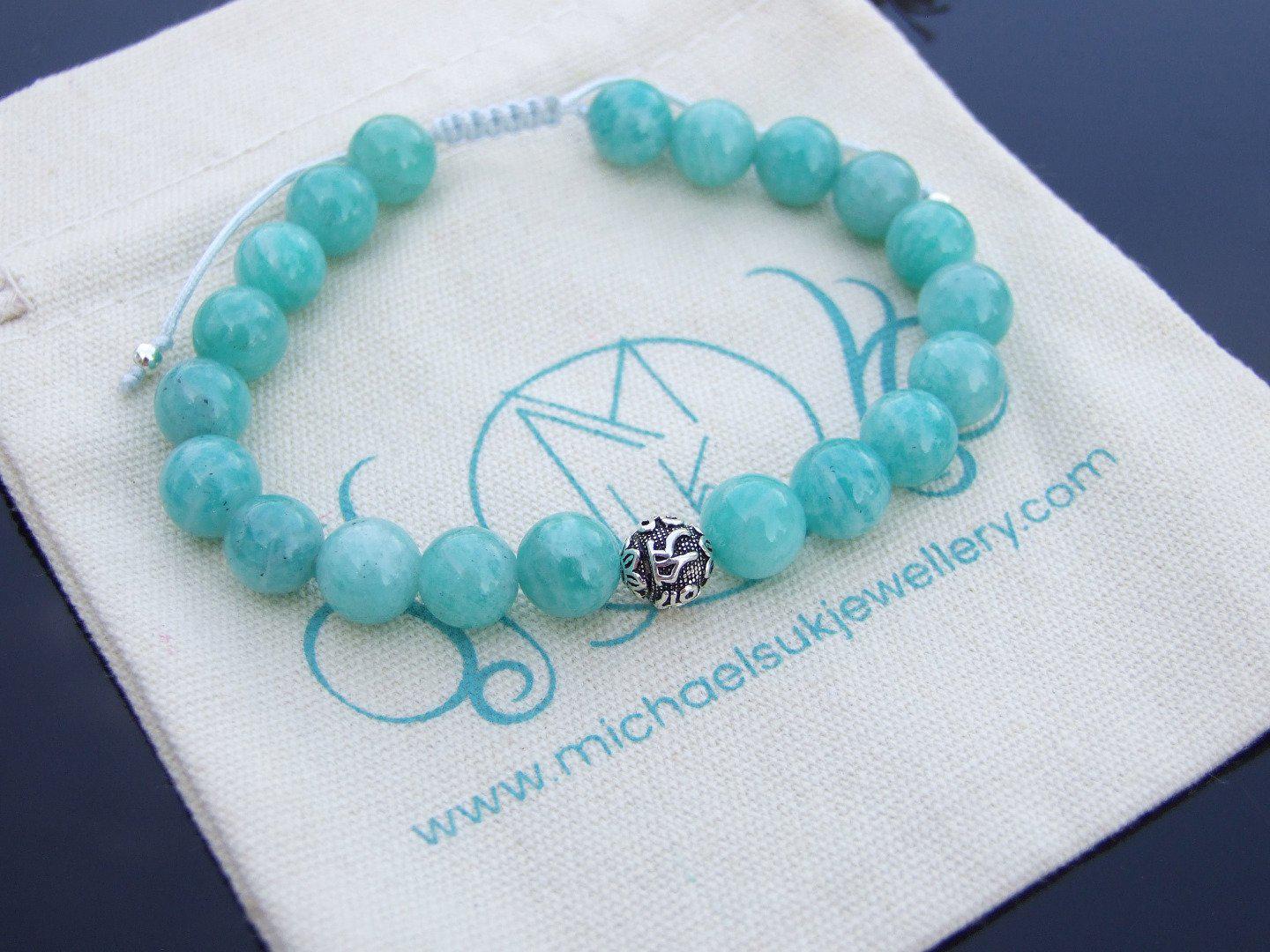 Mozambique Amazonite Om Sterling Silver Natural Gemstone Bracelet 6-9'' Macrame Michael's UK Jewellery