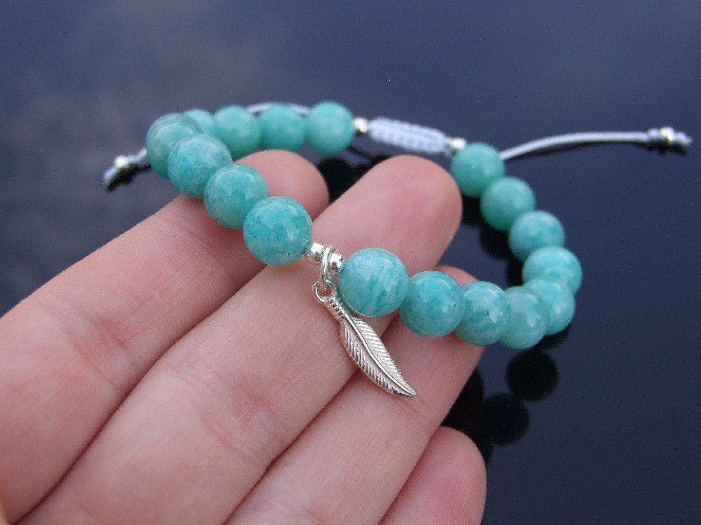 Mozambique Amazonite Sterling Silver Feather Natural Gemstone Bracelet 6-9'' Macrame Michael's UK Jewellery